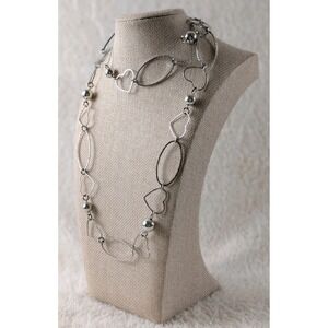 Silver Tone Heart Link Necklace Long Chain Open Wire Hearts
